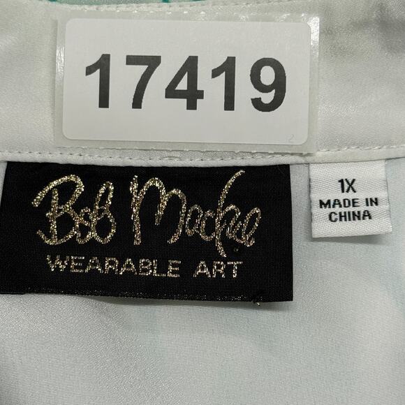 Bob Mackie Top 1X Wearable Art White Green Blue Leaf Print Button Up Career - Picture 8 of 8